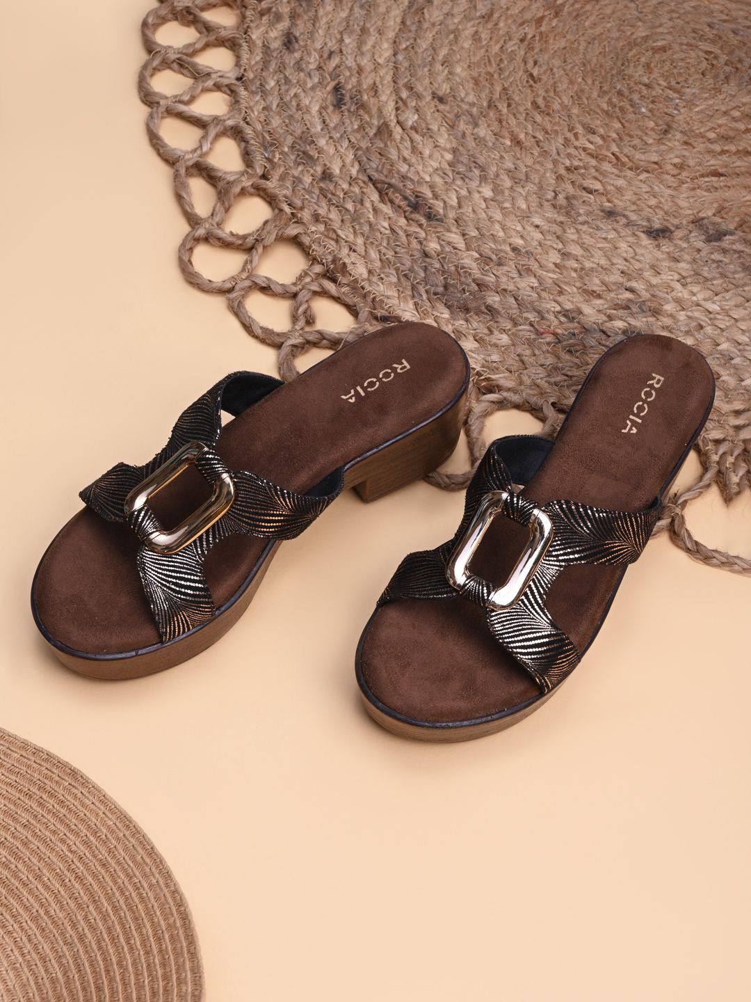 Rocia Women Textured Buckle Design Block Heel Sandals