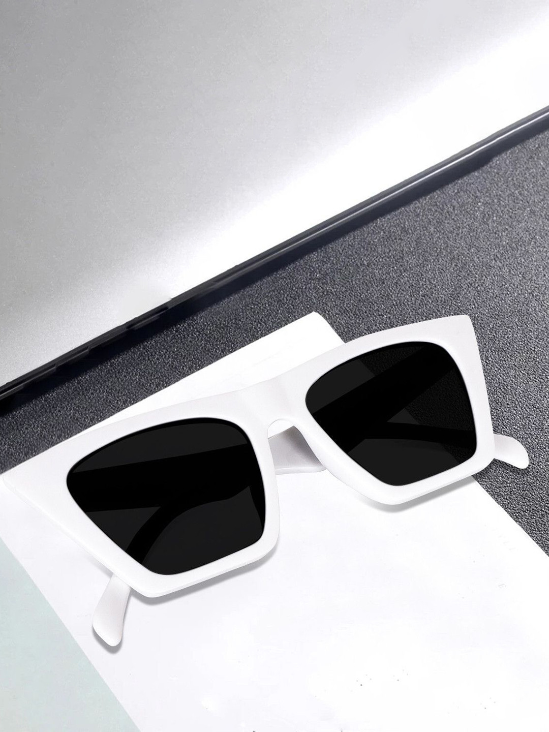 EYMEN I Unisex Black Lens & White Rectangle Sunglasses with