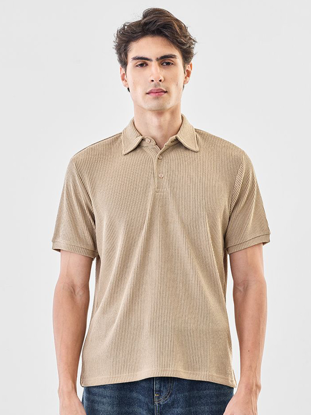 Snitch Men Polo Collar Beige Ribbed T-Shirt