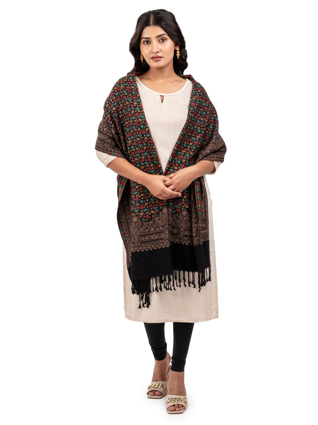 Naureen Women Woven Design Fringed Luxury AcroWool Kashmiri Jaal Kani Stole