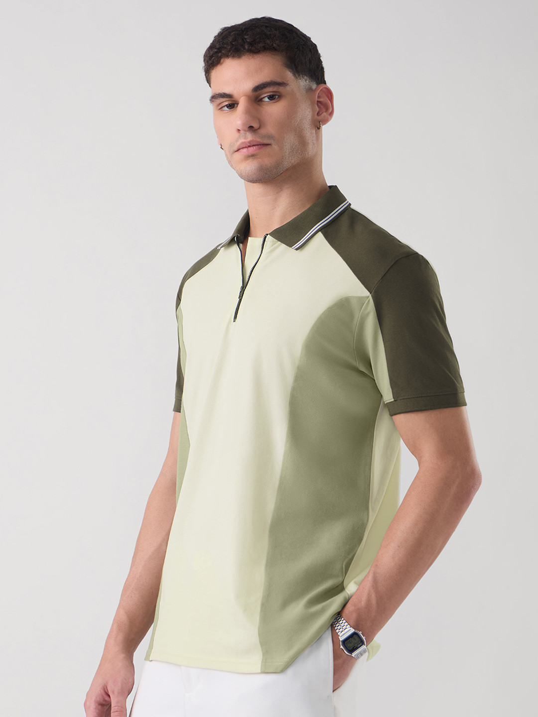 The Souled Store Matcha Colourblocked Polo Collar T-shirt