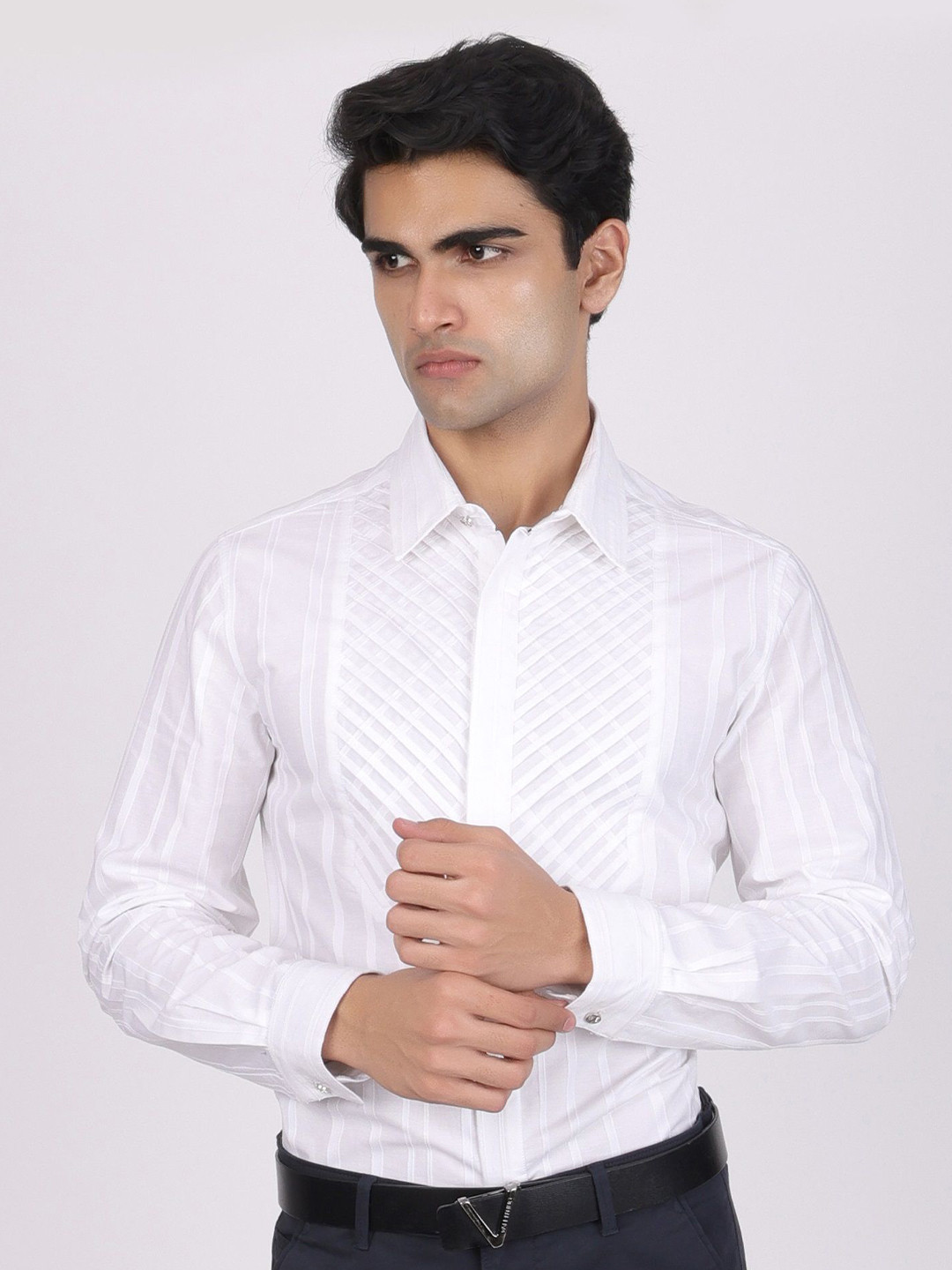 PIER 7 Men Classic Slim Fit Vertical Striped Spread Collar Cotton Formal Shirt