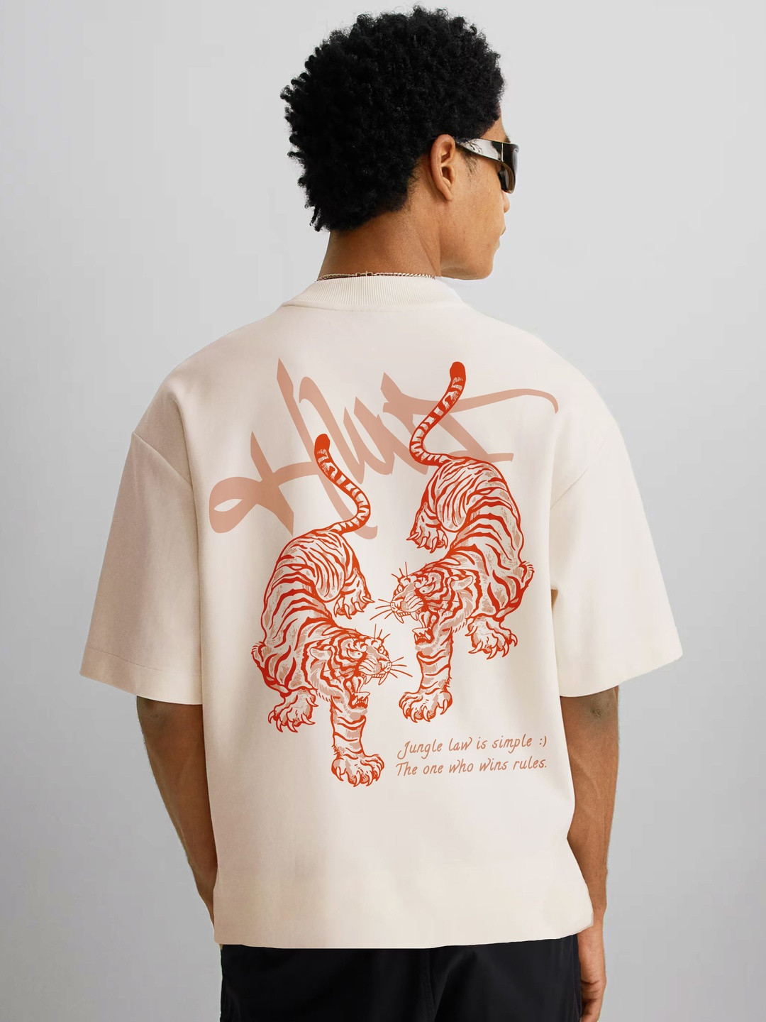 WHITE HUSK Men Tiger Twins Graphic Printed Oversized Cotton T-shirt