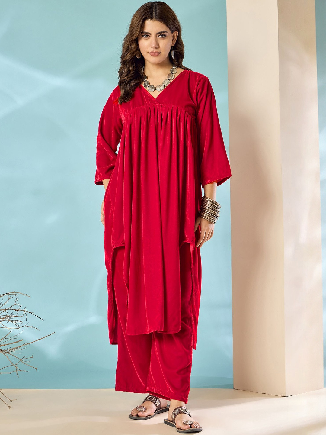 InWeave Women Tiered Velvet Kurta with Trousers