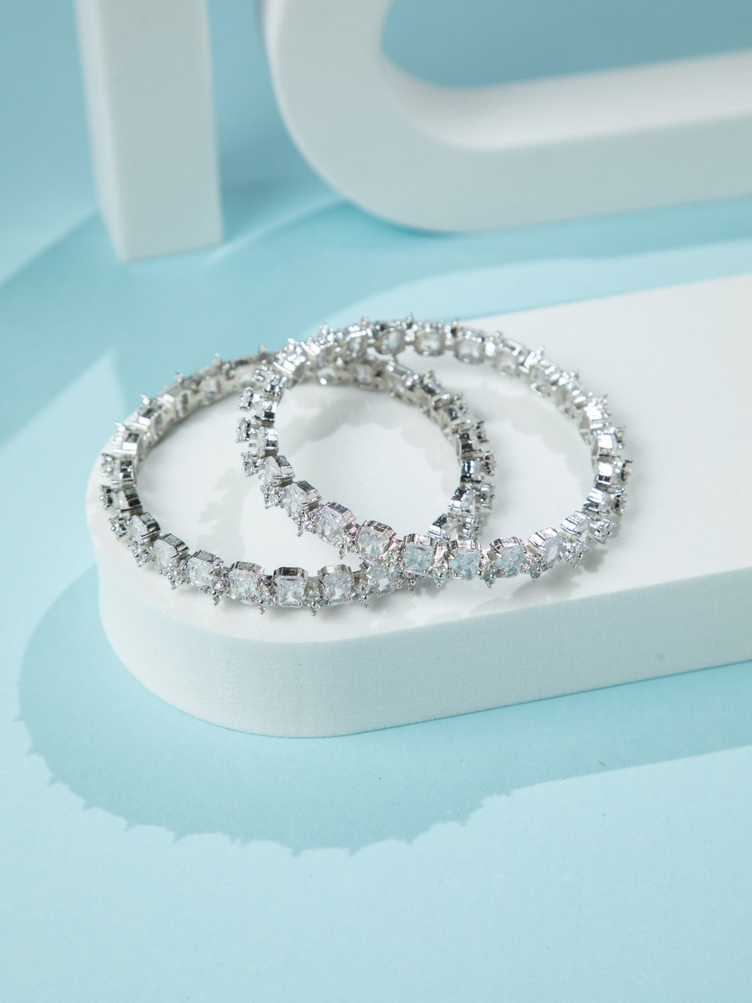 Niscka Set Of 2 Rhodium Plated Zircon Stone Studded Bangles