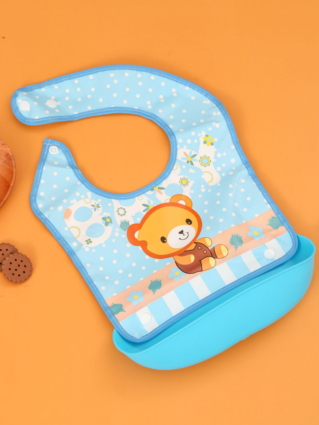 Yellow Bee Boys Cartoon Teddy Print Feeding Bib With Food Catcher Tray