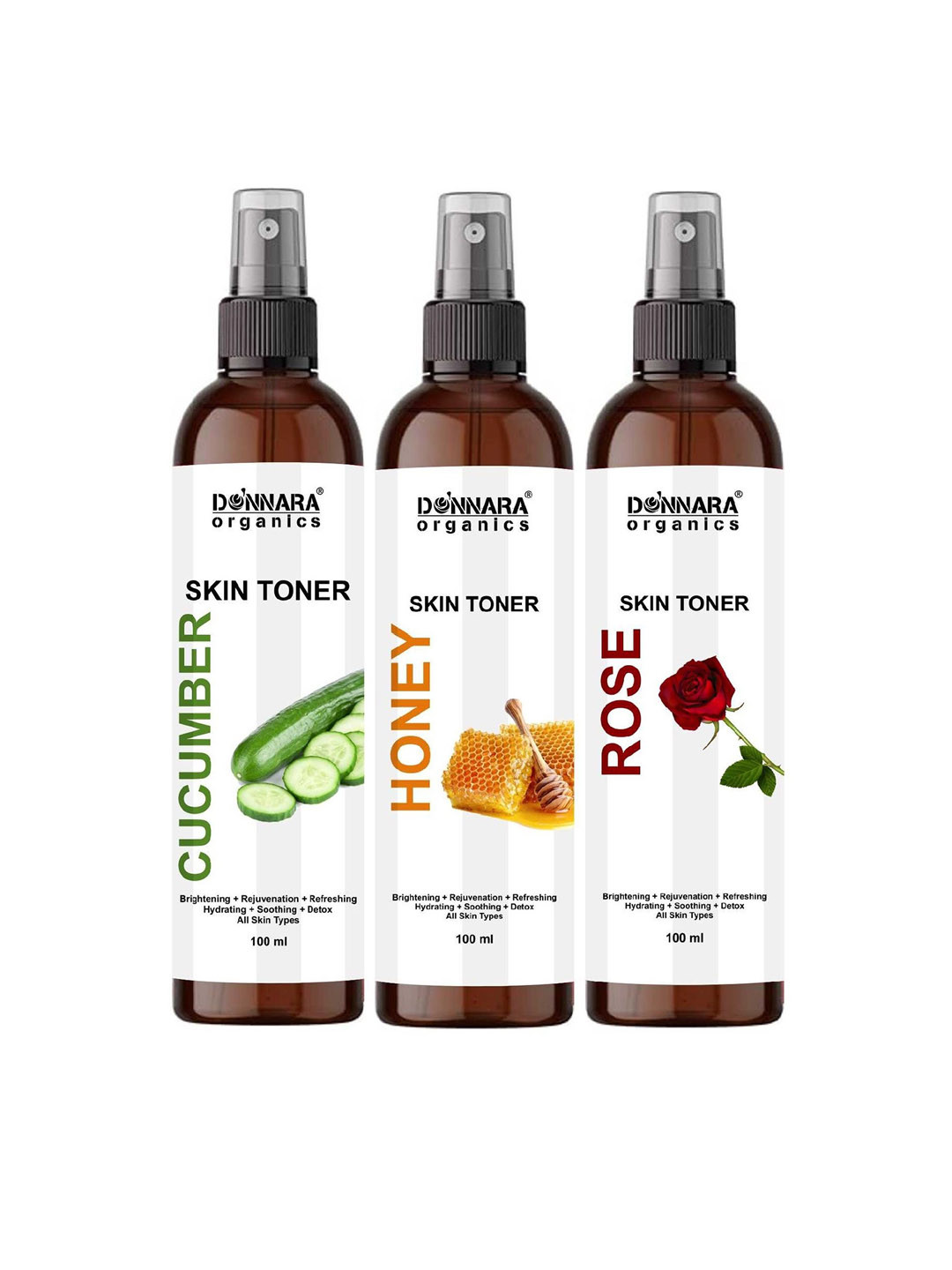 Donnara Organics Set Of 3 Cucumber, Honey & Rose Skin Toner For Hydrating Skin 100 ml Each