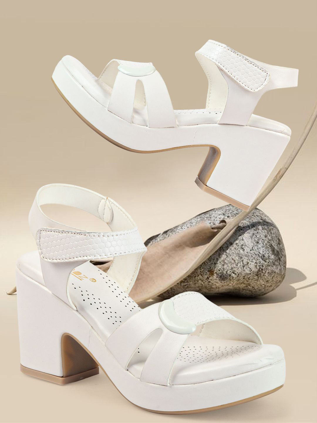 VENDOZ Women Textured Velcro Block Heel Sandals