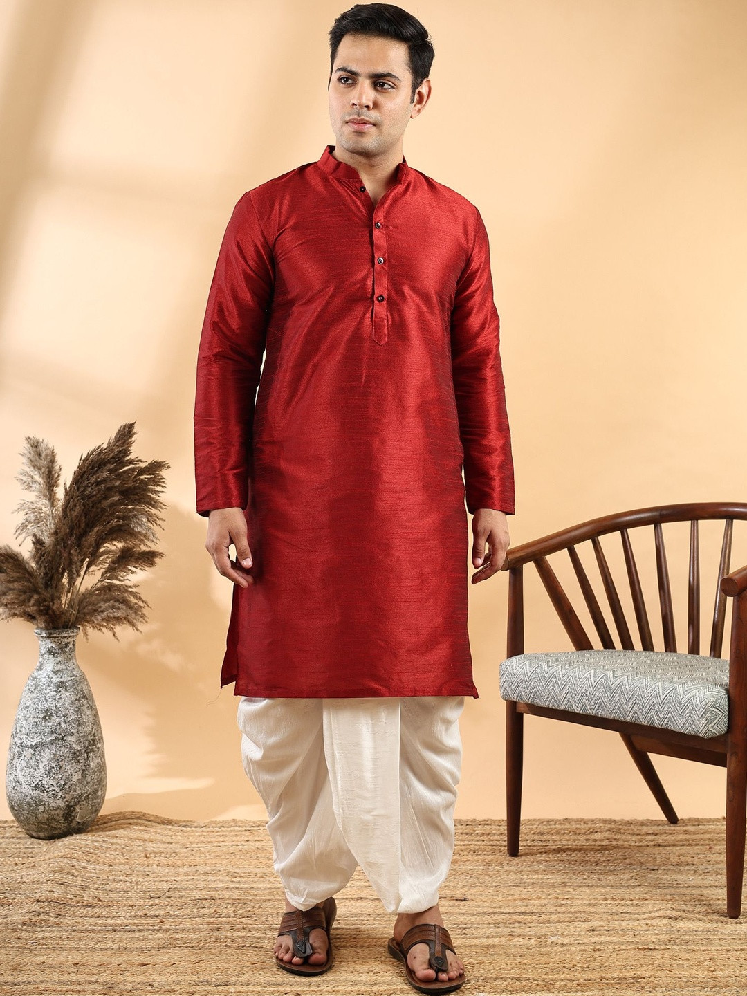 Ethluxis Traditional Long Sleeves Mandarin Collar Dupion Silk Kurta With Dhoti Pants
