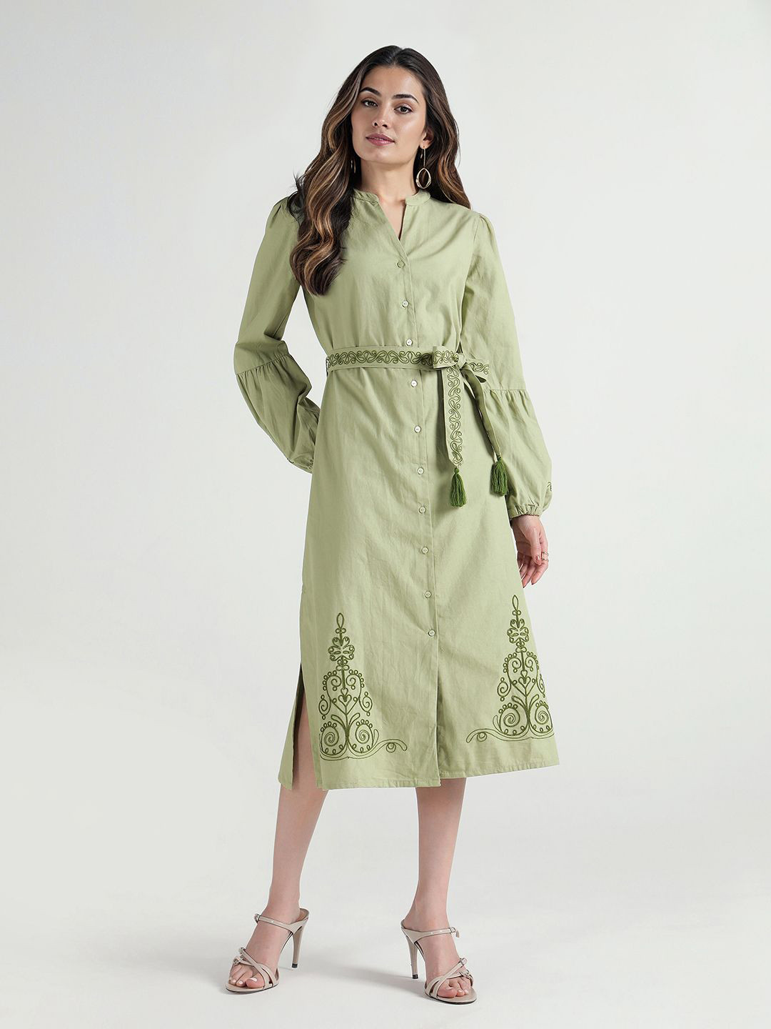 ELLE Women Ethnic Motifs Embroidered Bishop Sleeve Band Collar Cotton Shirt Midi Dress