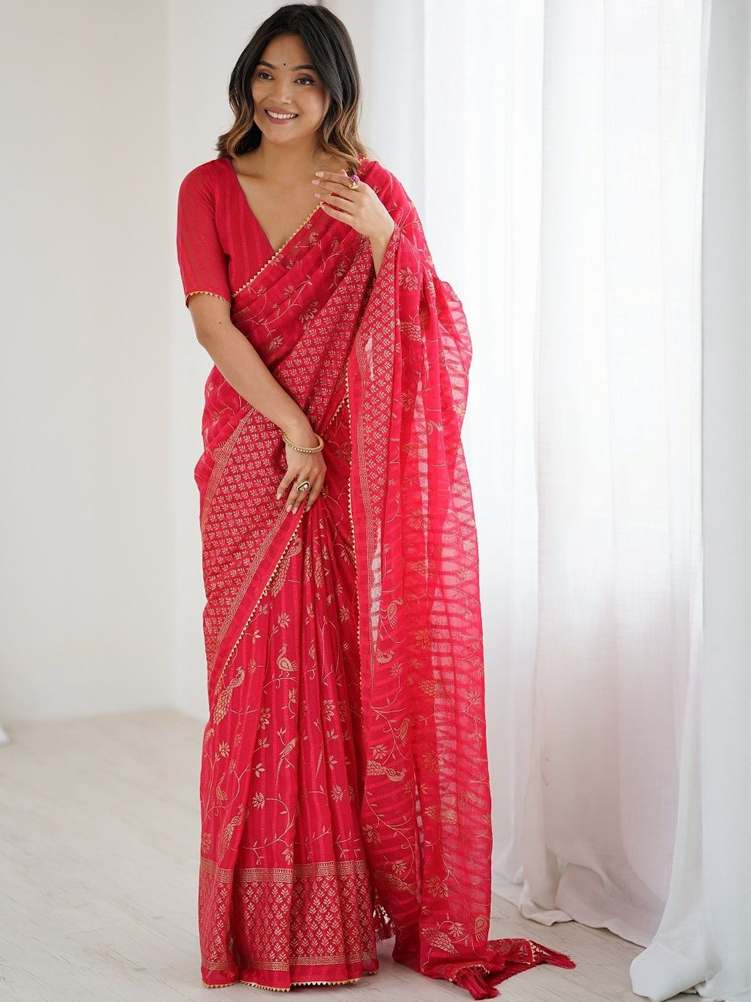 ROOP SUNDARI SAREES Woven Design Ethnic Motifs Zari Saree with Unstitched Blouse Piece