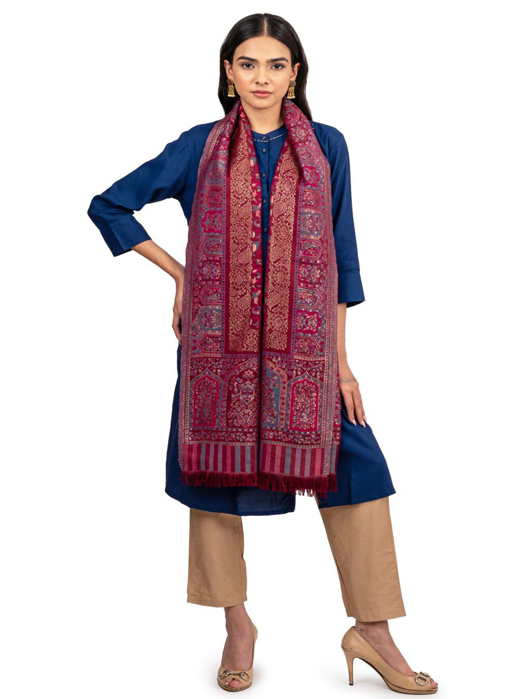 Naureen Women Paisley Woven Design Pashmina Stole With Fringed Border & Mughal Artwork