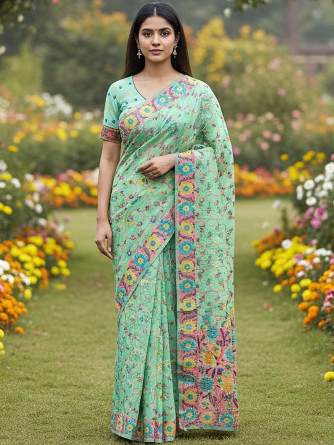 FABLAND Ethnic Motifs Print Jaali Jamdani Saree with Unstitched Blouse Piece