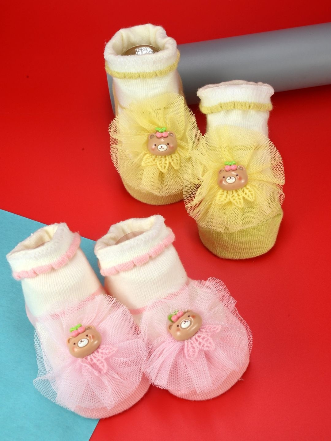 Yellow Bee Infant Girls Pack Of 2 Patterned Ankle Length Socks with Bear