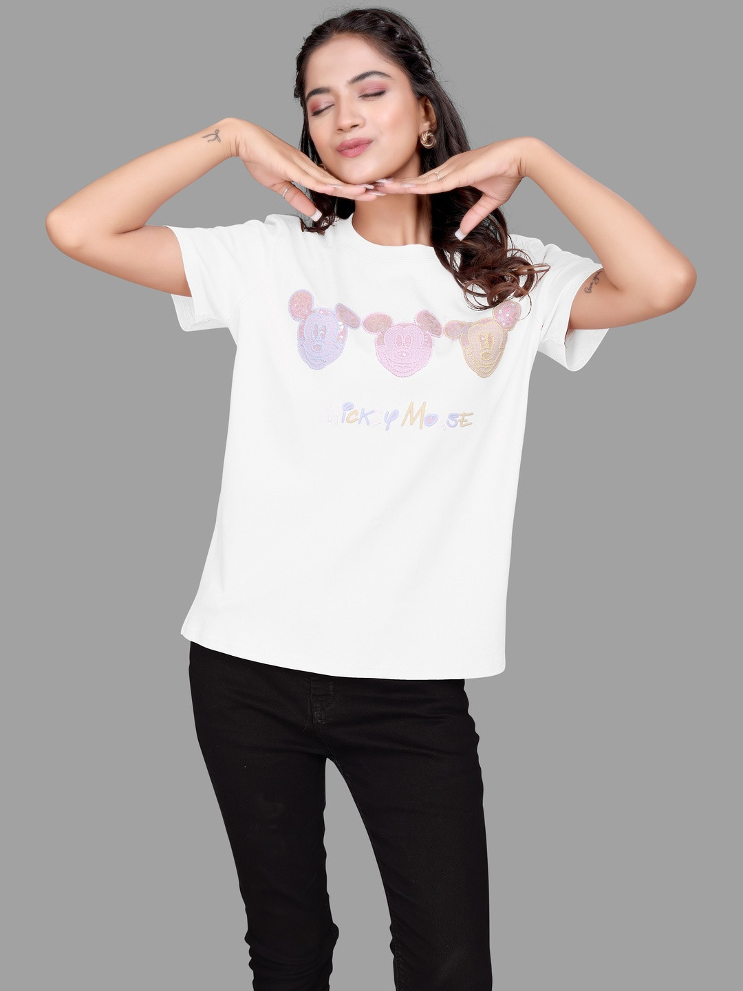 Madborn Creation Women Dazzling Mickey Mouse Sequence Embellished Oversized T-shirt