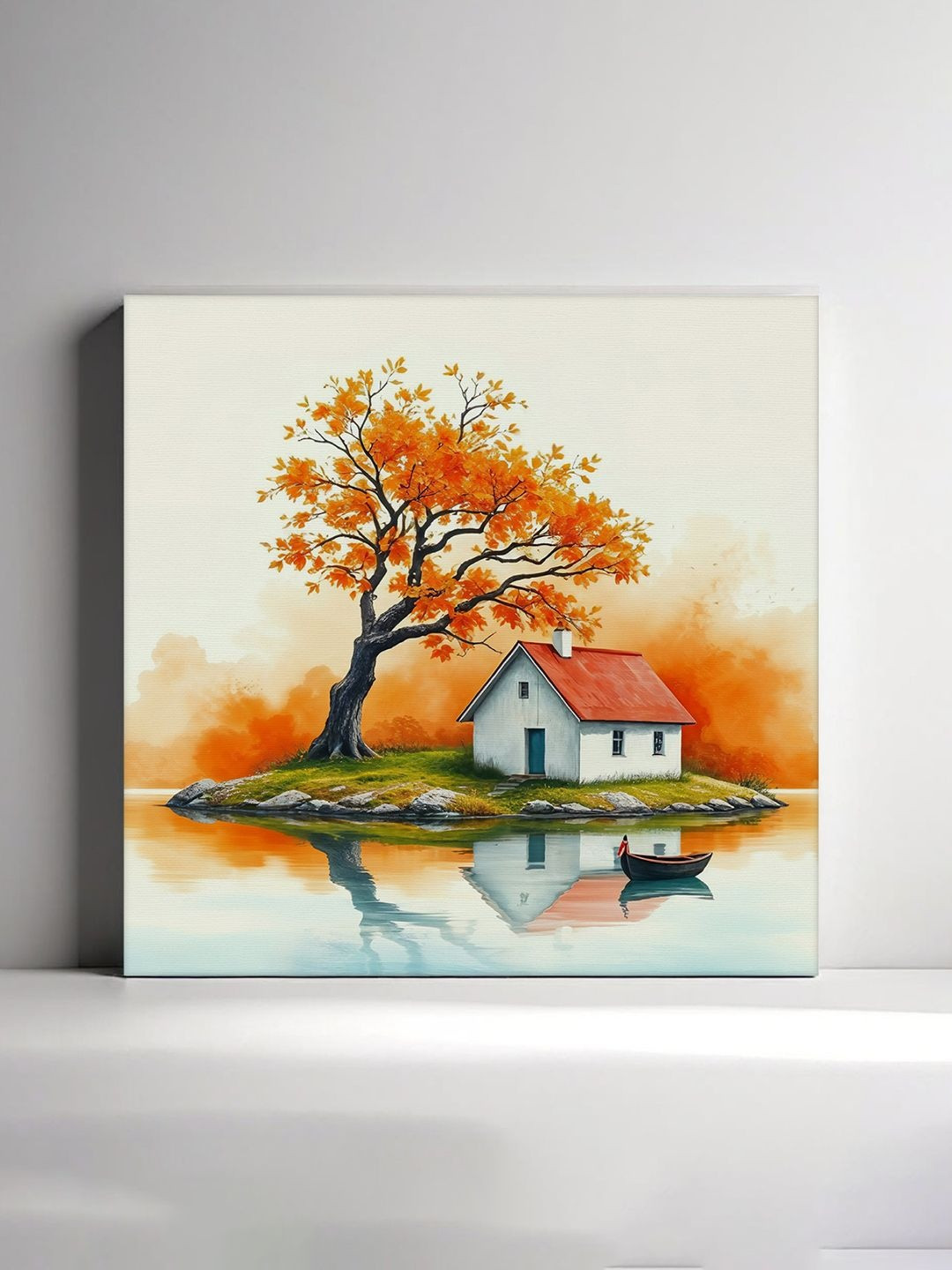 RANDOM White & Orange A Small House With A Roof & A Boat Canvas Wall Art