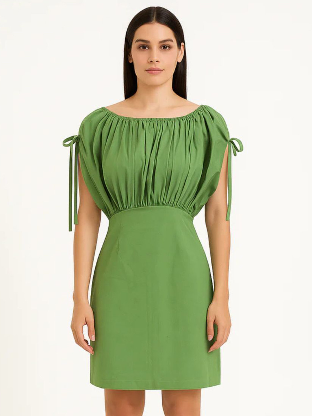 Branche Women Gathered or Pleated Puff Sleeve Boat Neck Short Sleeves Sheath Dress