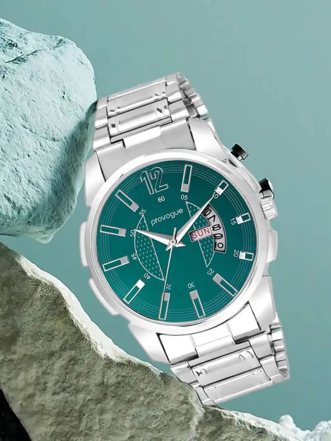 Provogue Men Round Dial & Bracelet Style Straps Analogue Watch SK-PG-4029-GRN-SLVR