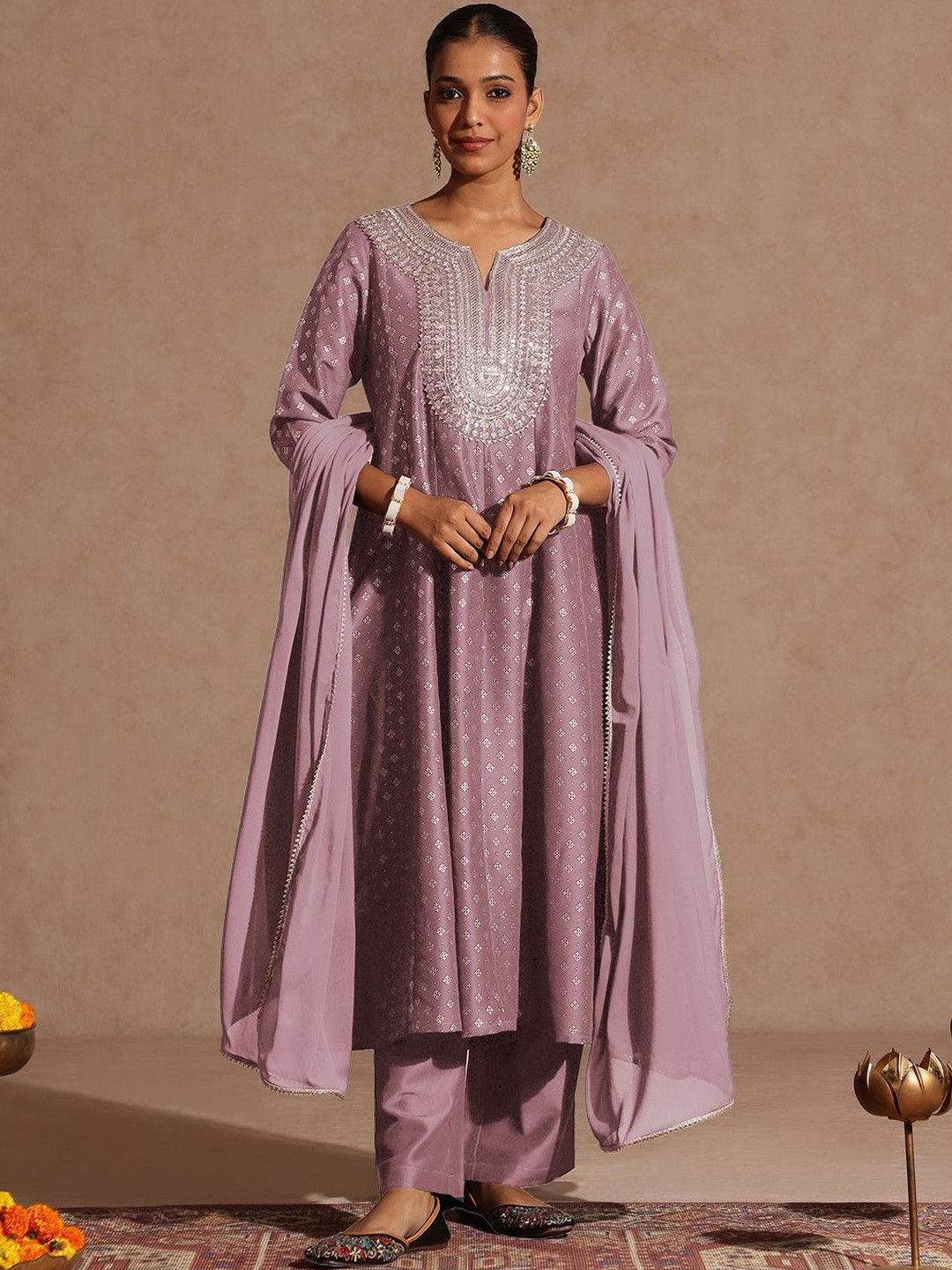 Janasya Ethnic Motifs Printed Panelled Thread Work Muslin Kurta With Palazzo & Dupatta