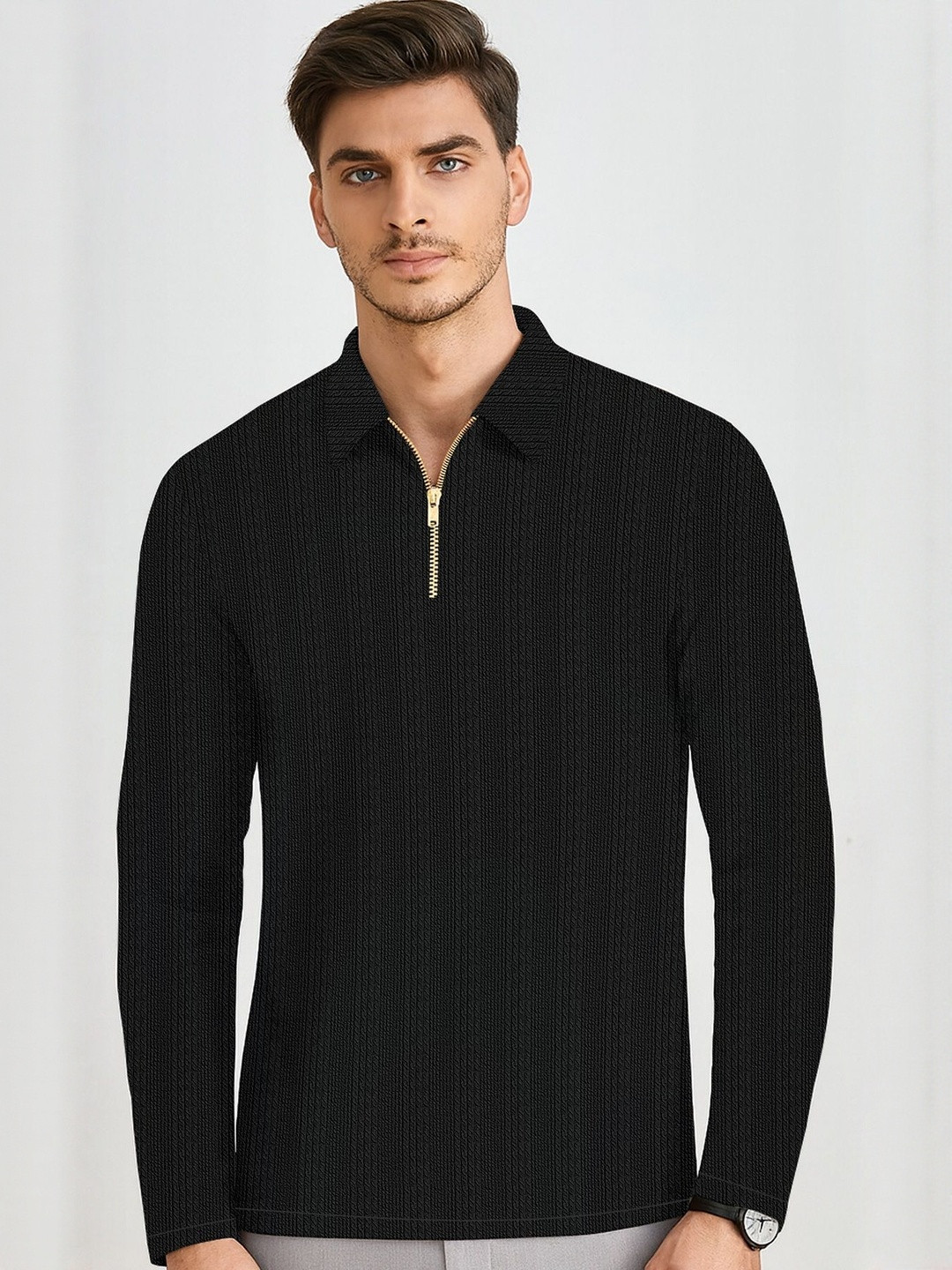 HAPPY KHAJANA Self Design Polo Collar Long Sleeves Zipper T-shirt