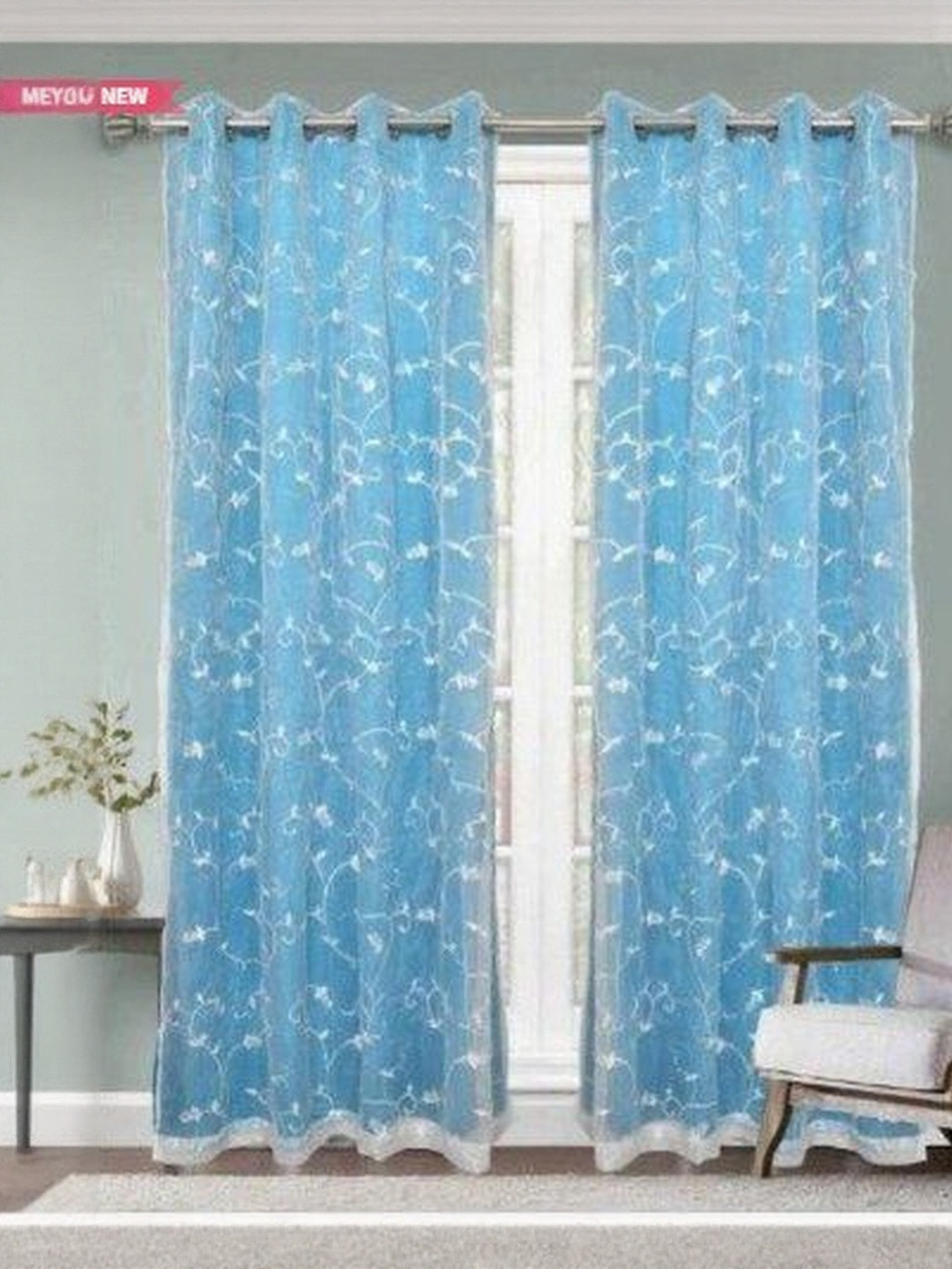 Myntra Elegant Homes Set of 2 Blue Solid Eyelet Fitting Window Curtains With Sheers