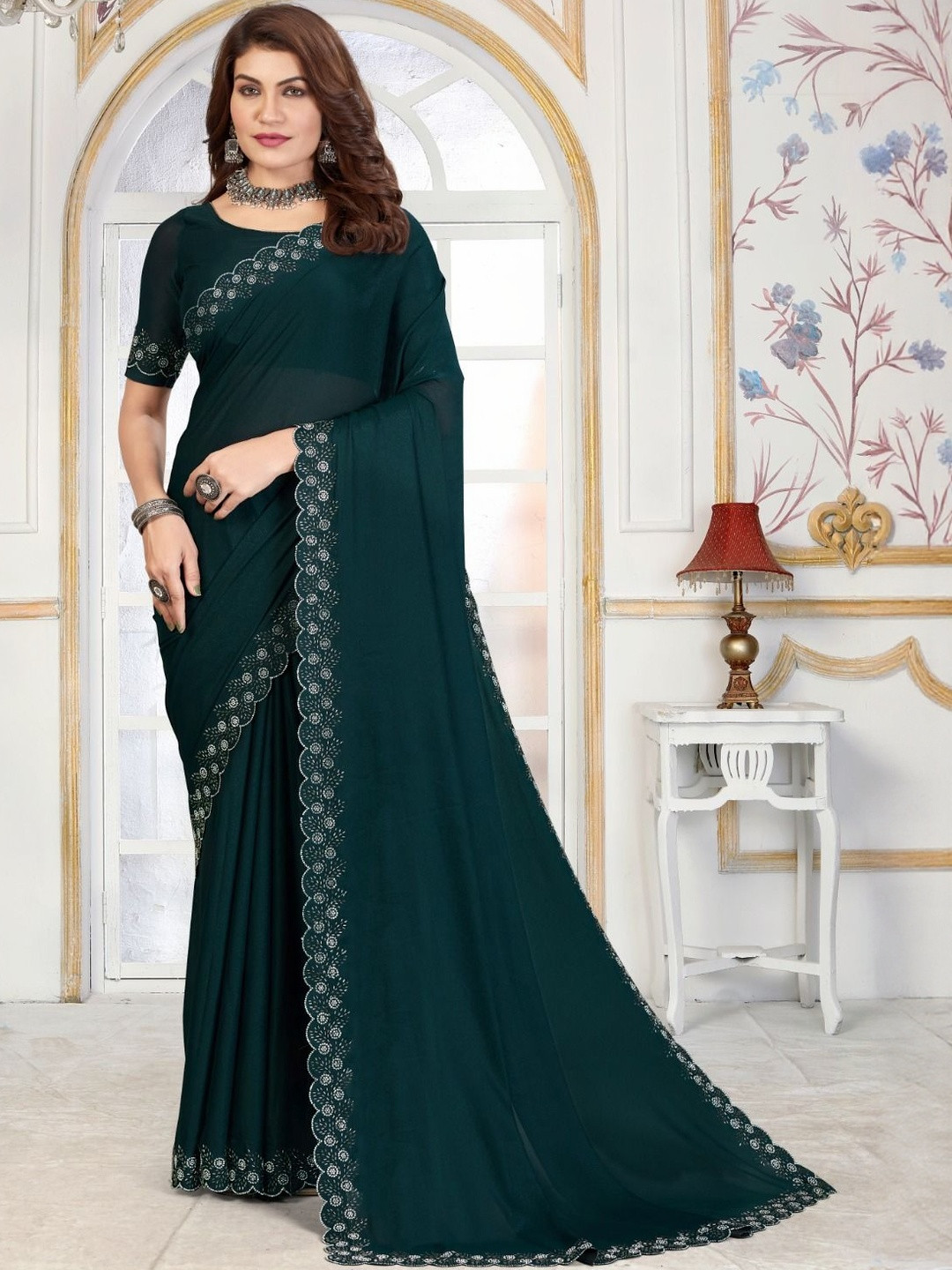 THE WHITE RABBIT Women Embellished Party Saree