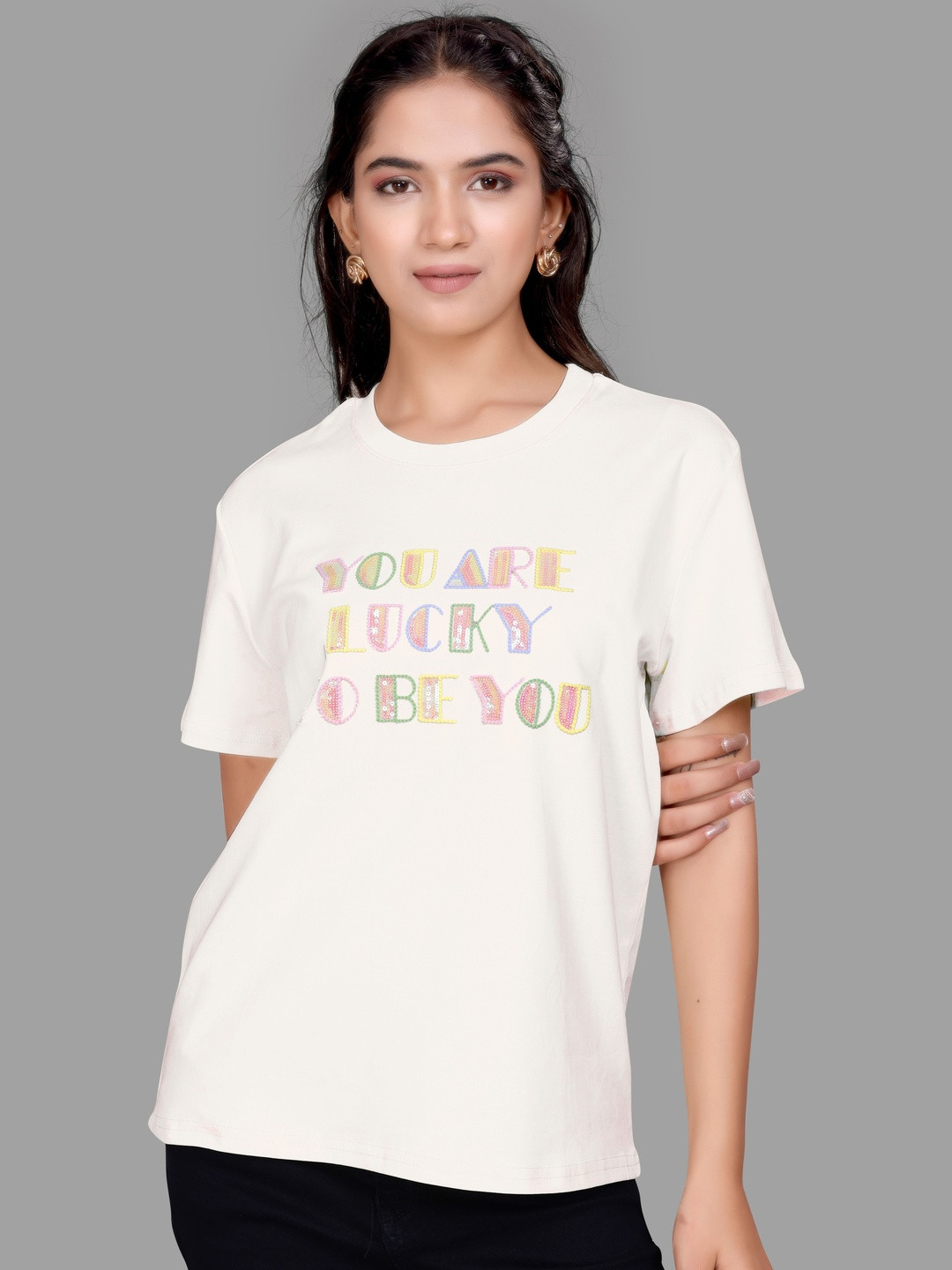 Madborn Creation Women Typography Self Design Sequins work T-shirt