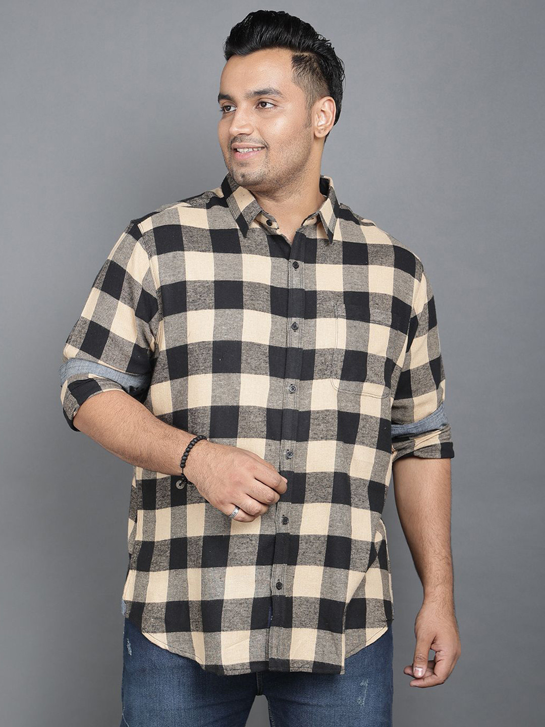 NEON CHILLIE Men Buffalo Checked Spread Collar Cotton Casual Shirt