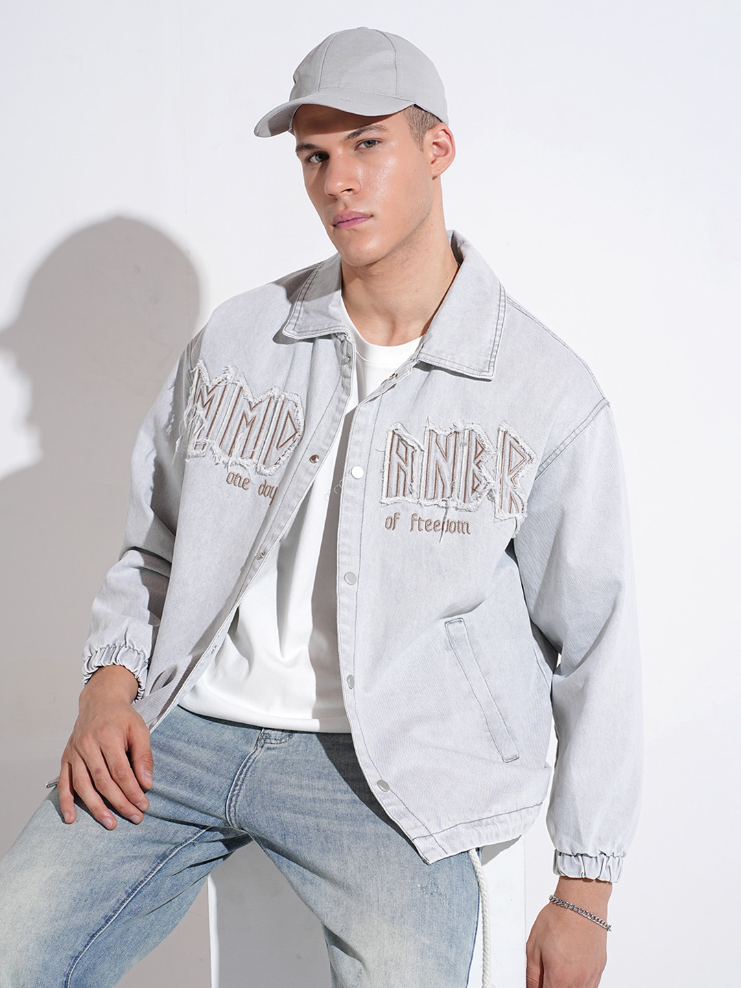 SHOWOFF Men Typography Lightweight Outdoor Denim Jacket with Embroidered