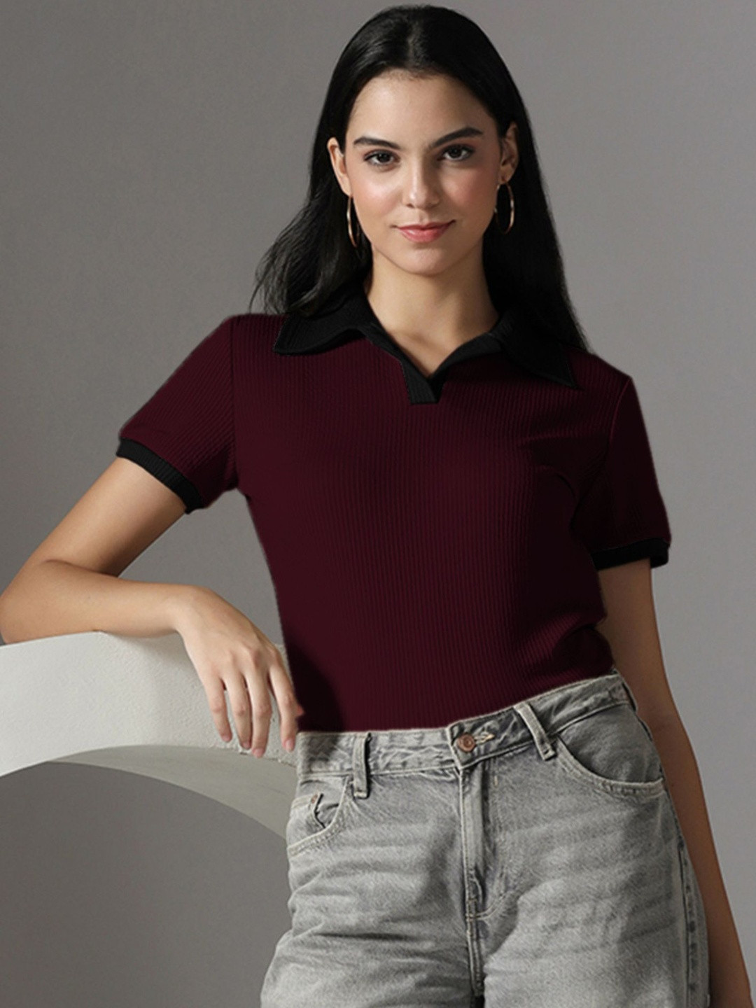 Selvia Maroon Black Shirt Collar Ribbed Top