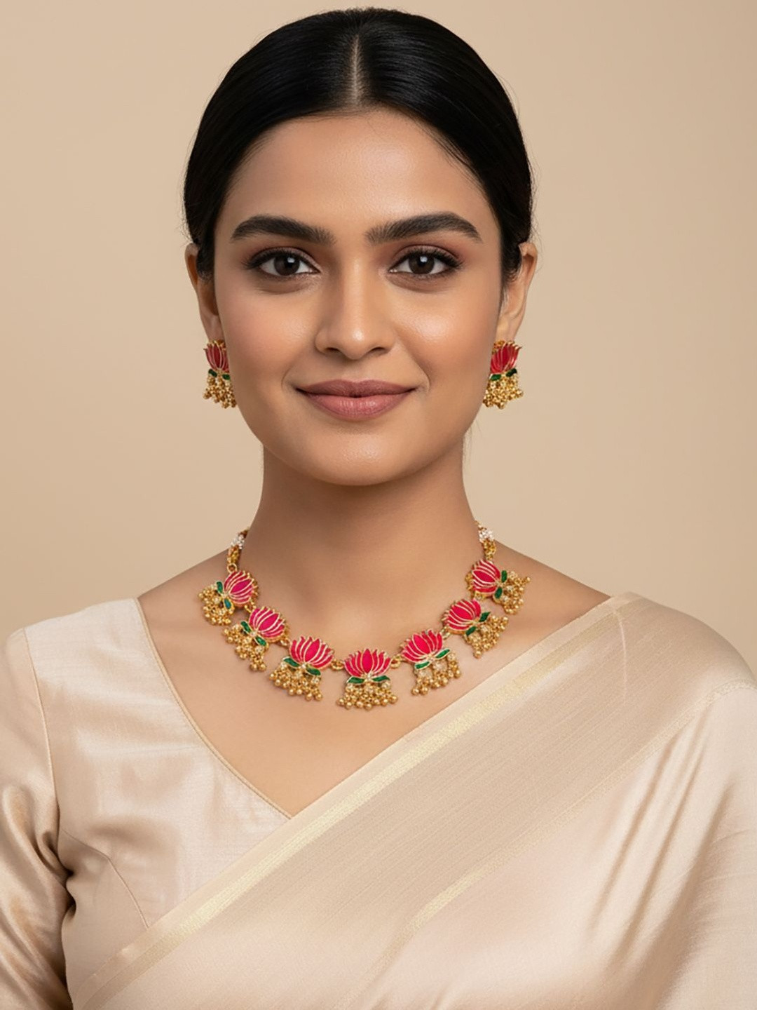 StileAdda Gold-Plated Stone Studded & Beaded Intricate Textured Details Jewellery Set