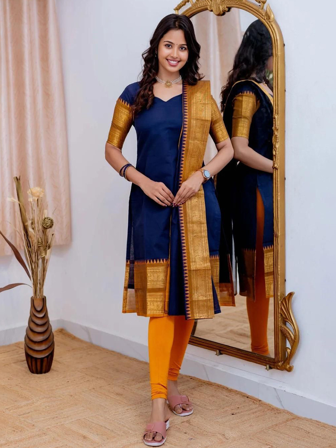 Vastukala Women Solid V-Neck Zari Kurta with Dupatta