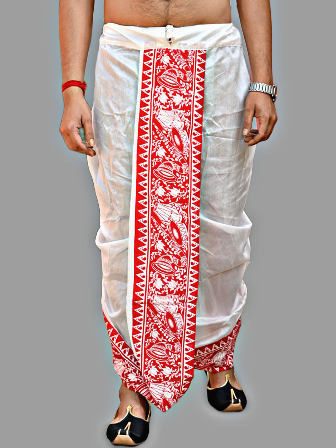 Looknest Men Red & White Printed Silk Dhotis