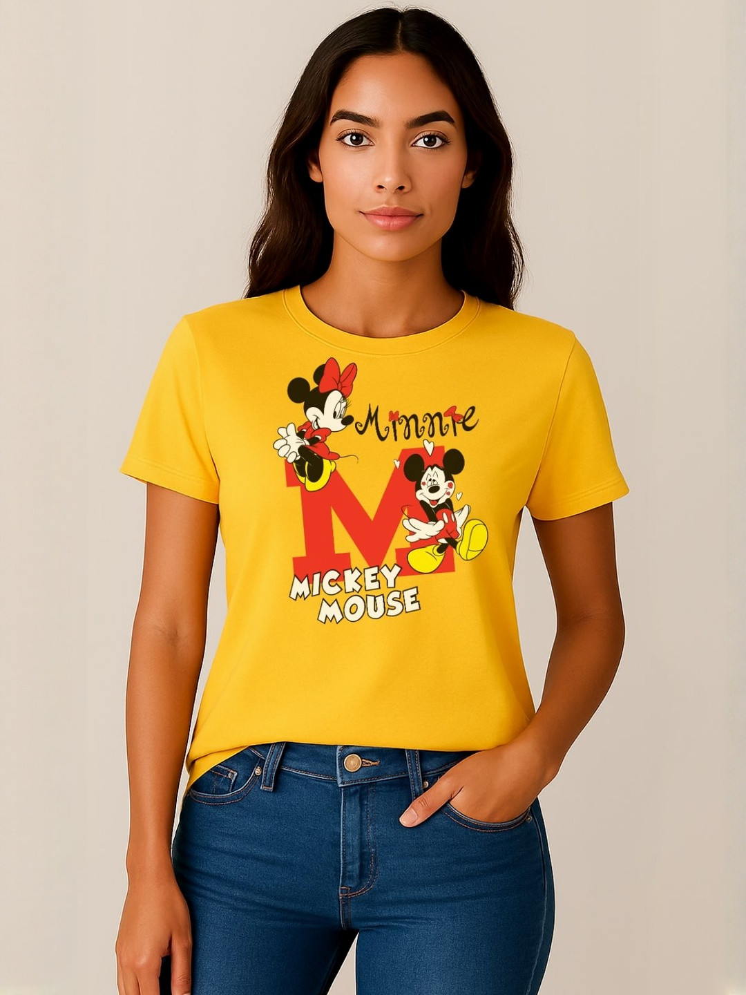Anikmart Women Mickey & Minnie Printed Pure Cotton T-shirt