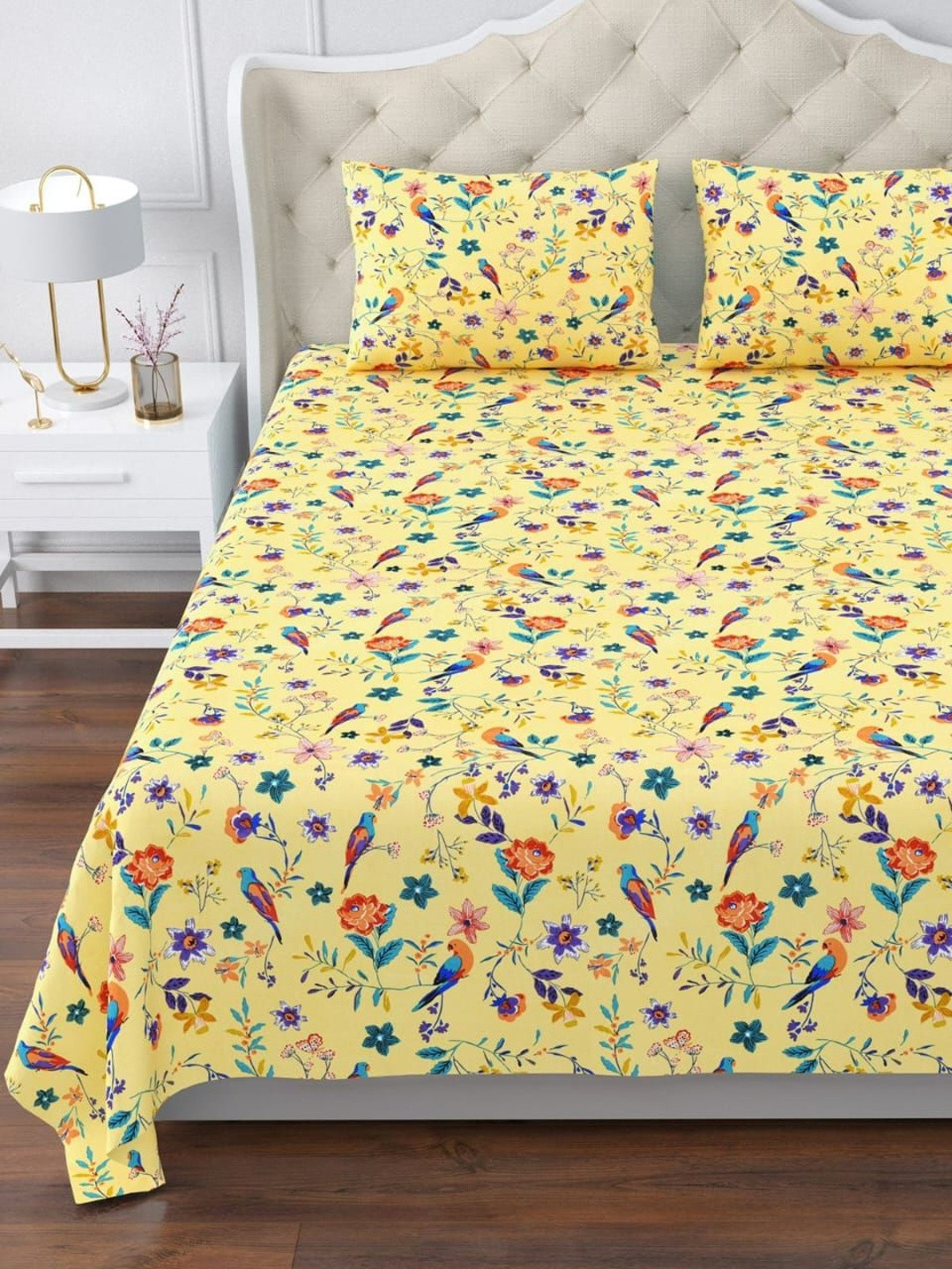 Wee Hours Yellow & Blue Floral Printed Cotton 300 TC Flat Double Bedsheet - 2.42m x 2.75m
