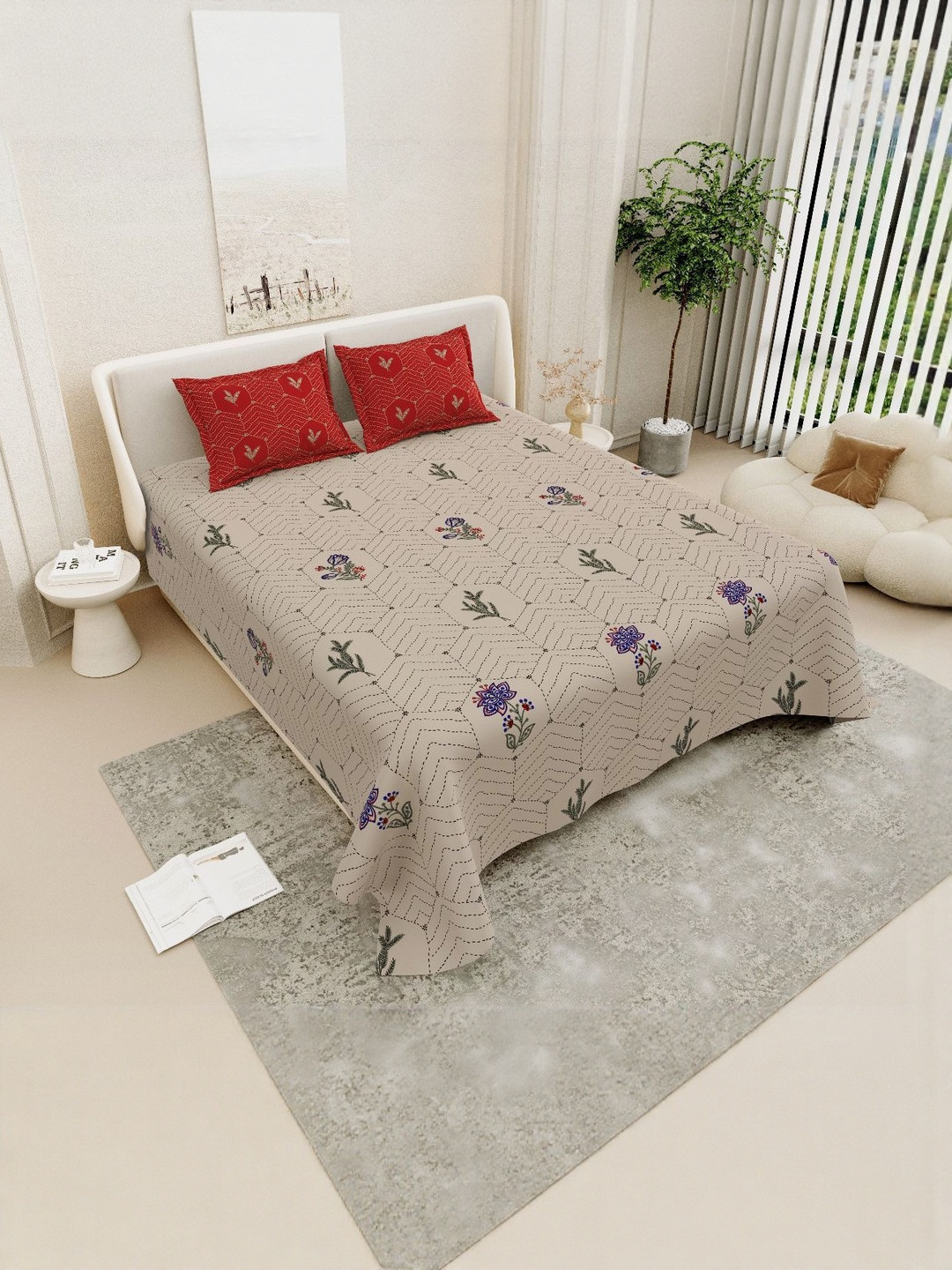 Wee Hours Brown & Cream Floral Printed Cotton 500 TC Super King Bedsheet - 2.75m x 2.75m