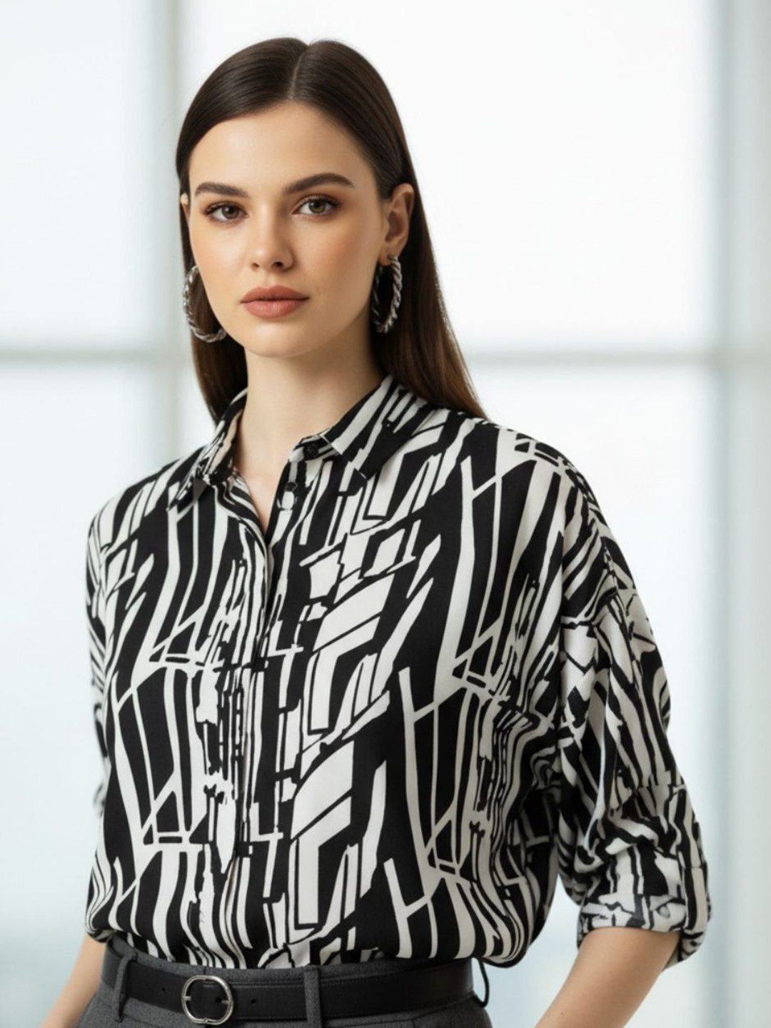 PIAAH Women Classic Fit Abstract Printed Spread Collar Satin Casual Shirt