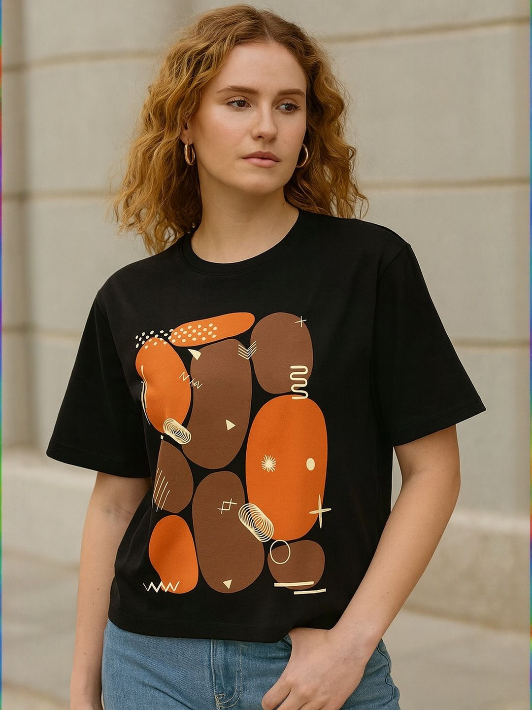 Myrung Women Bio Finish Abstract Printed Round Neck Cotton Relaxed Fit T-shirt