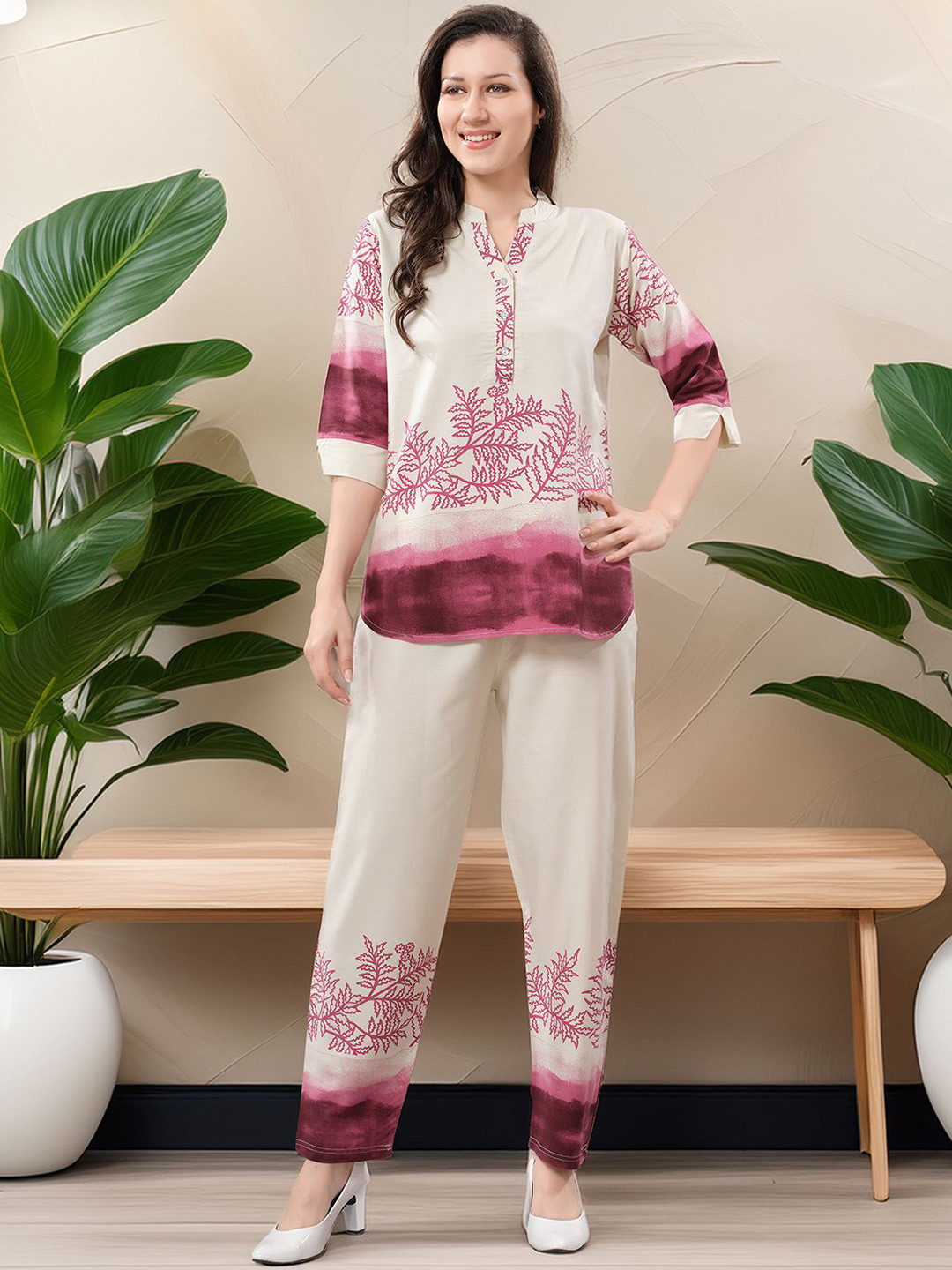 Be You Printed Mandarin Collar Tunic With Trousers