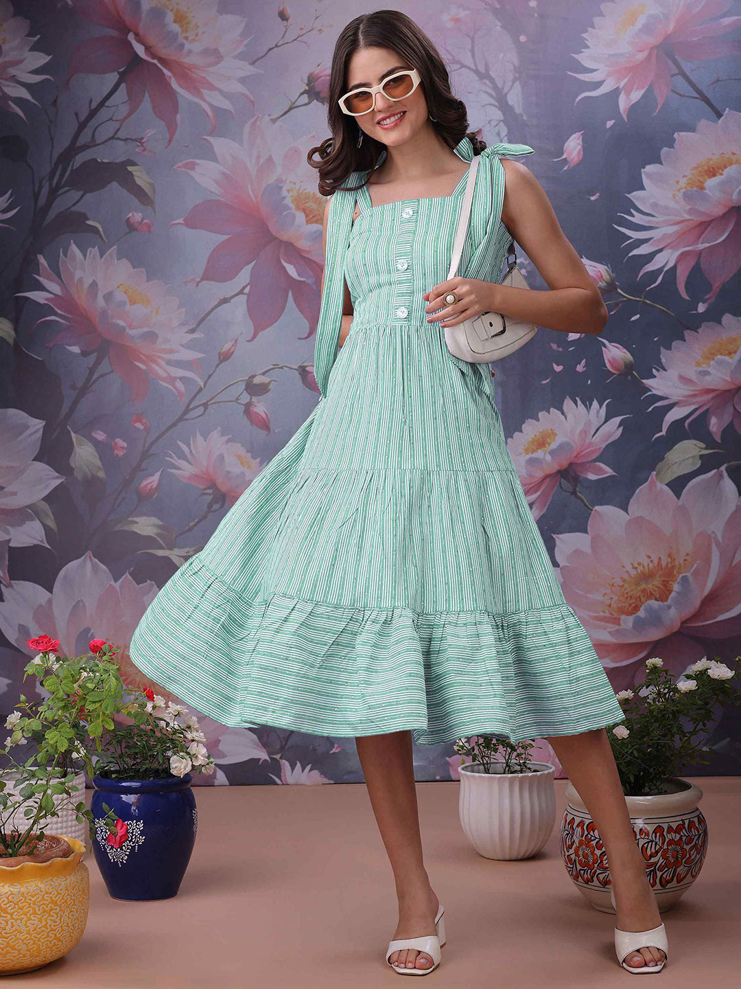YANAMORA Women Square Neck Striped Cotton Fit & Flare Midi Dress With Tie-Up Shoulder