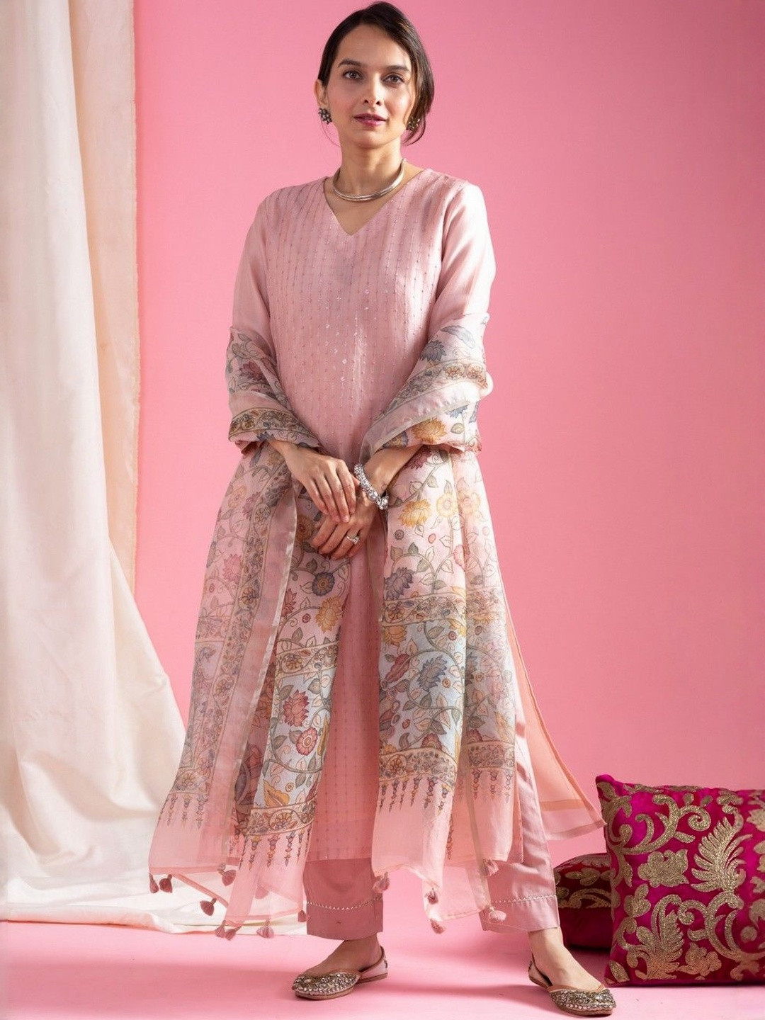 Lookmark Ethnic Motifs Embroidered Sequinned Chanderi Silk Kurta & Trousers With Dupatta