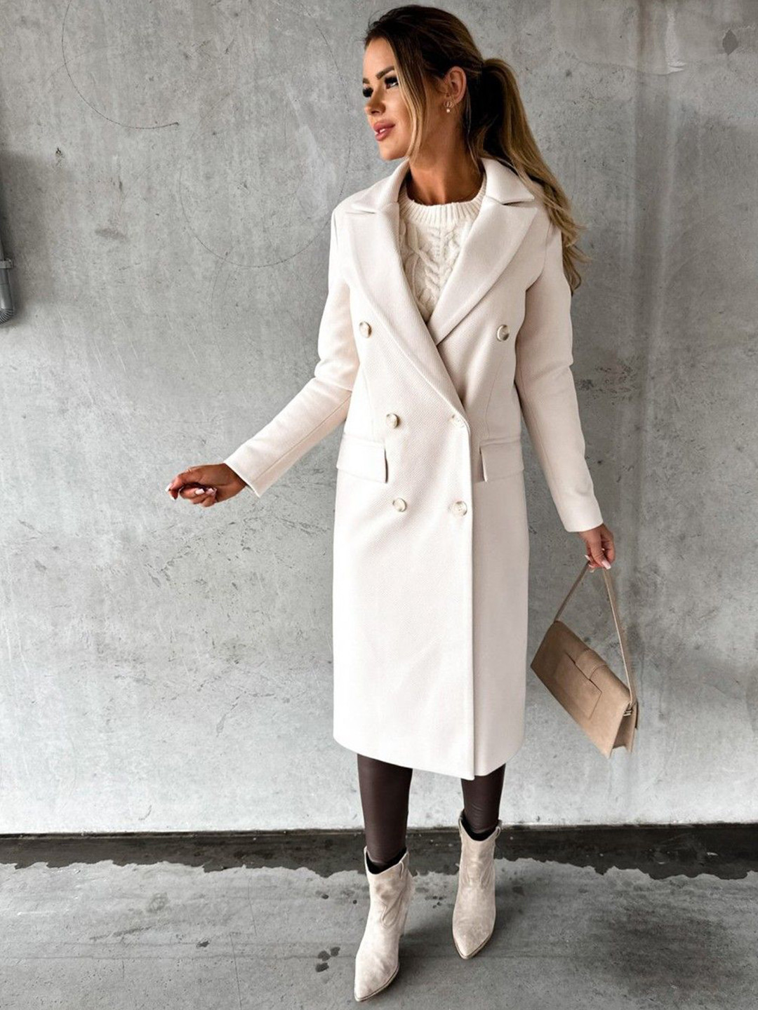 HERE&NOW Women Double-Breasted Notched Lapel Long Regular Fit Trench Coat