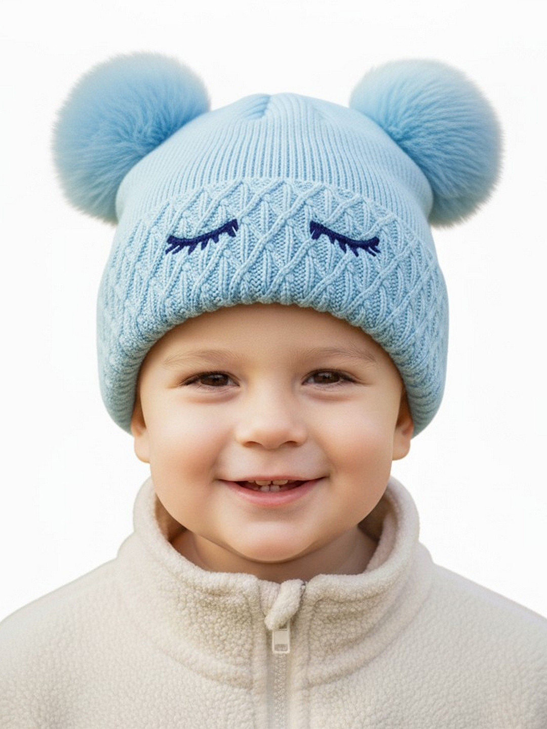 Adorazone Kids Woollen Beanie with Double Pompom and Fur Inside Lining