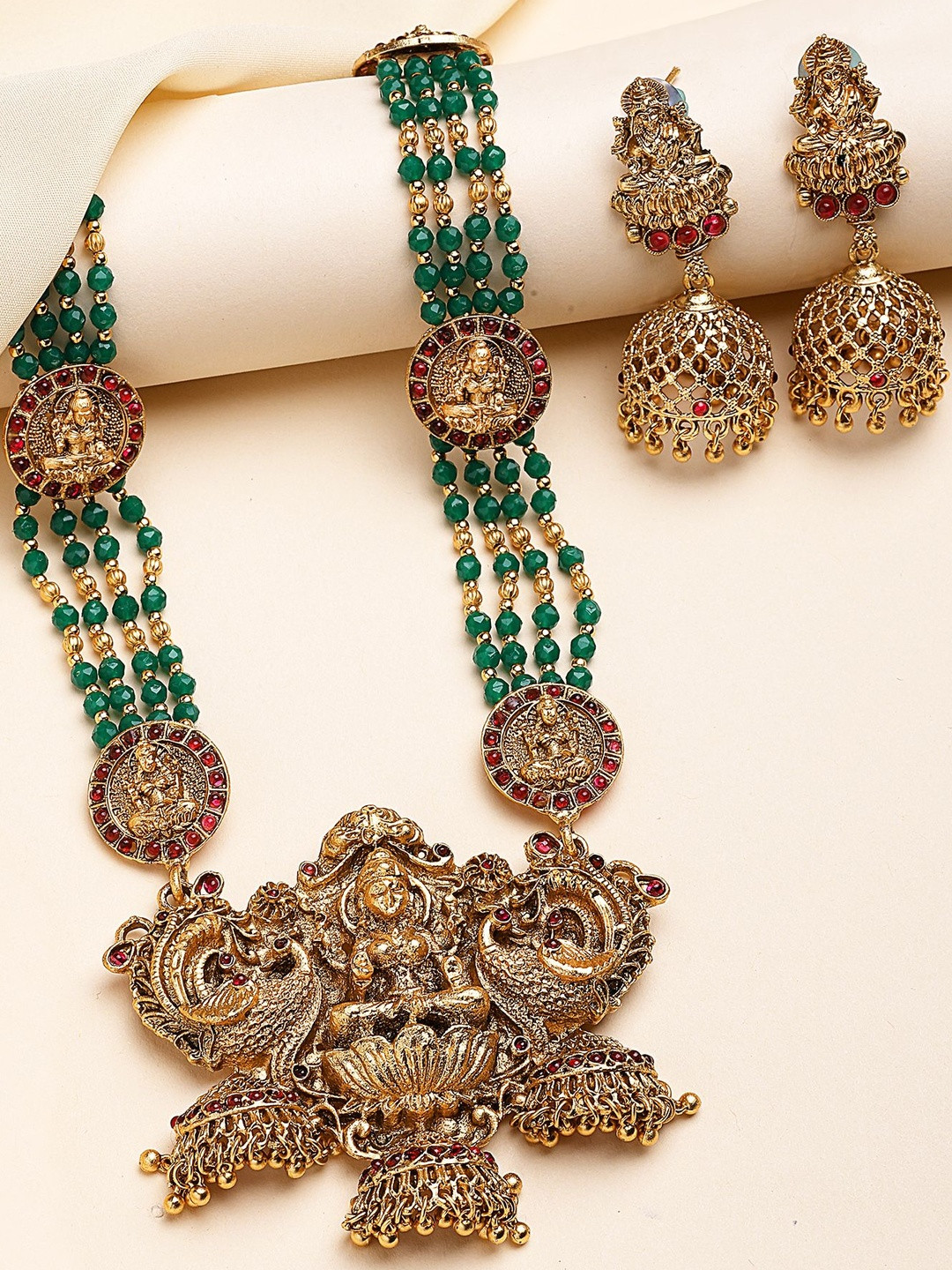 KARATCART Gold-Plated Crystal-Studded & Beaded Lakshmi Mata Rani Haar Jewellery Set