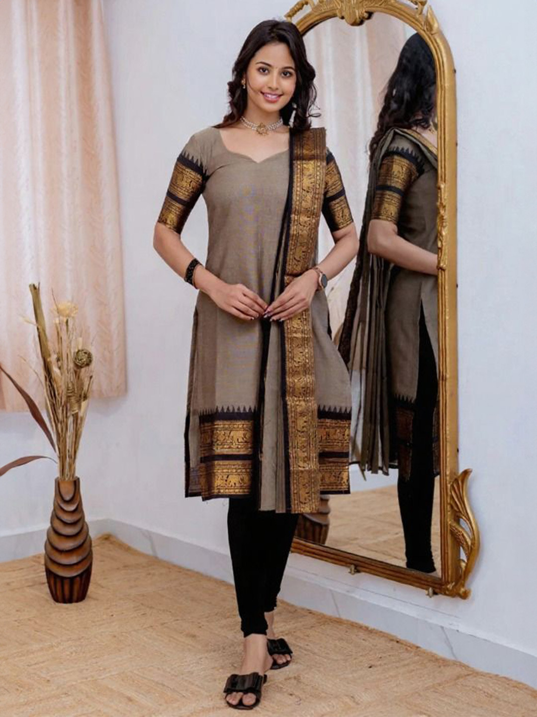 Vastukala Women Cotton Woven Design Kurta With Dupatta