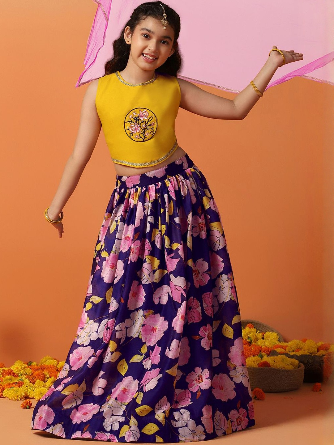 FASHION DREAM Girls Floral Embroidered Ready to Wear Lehenga & Blouse With Dupatta