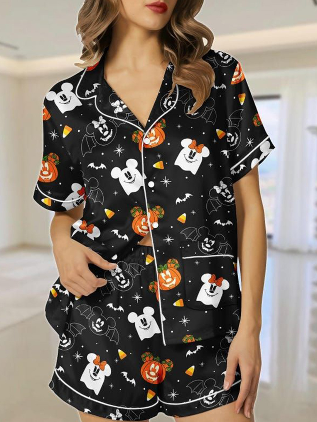 Softwrap Women Mickey & Minnie Ghost Printed Shirt & Shorts Night Suit