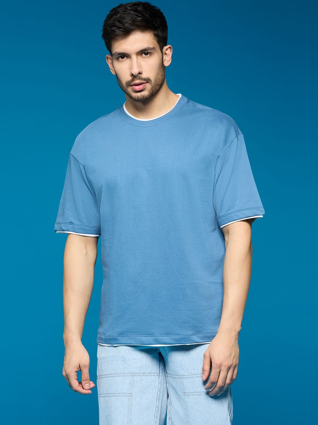 NEON CHILLIE Men Round Neck Drop-Shoulder Sleeves Oversized Cotton T-shirt
