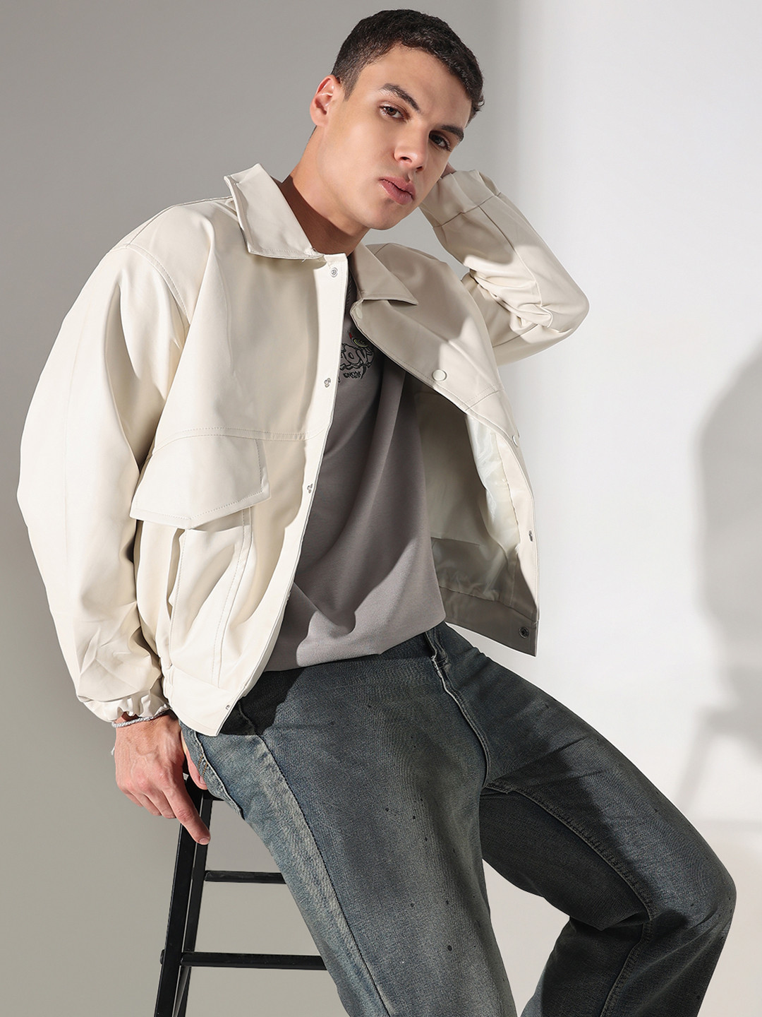 SHOWOFF Men Solid Off White Faux leather Faux Leather Jacket