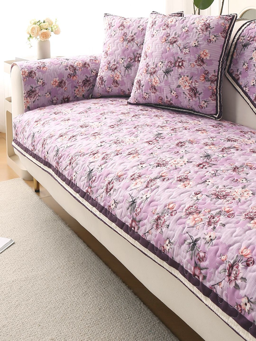HOKIPO Peony Lavender & Orange Printed 1/2/3 Seater and L Shape Sofa Cover Mat